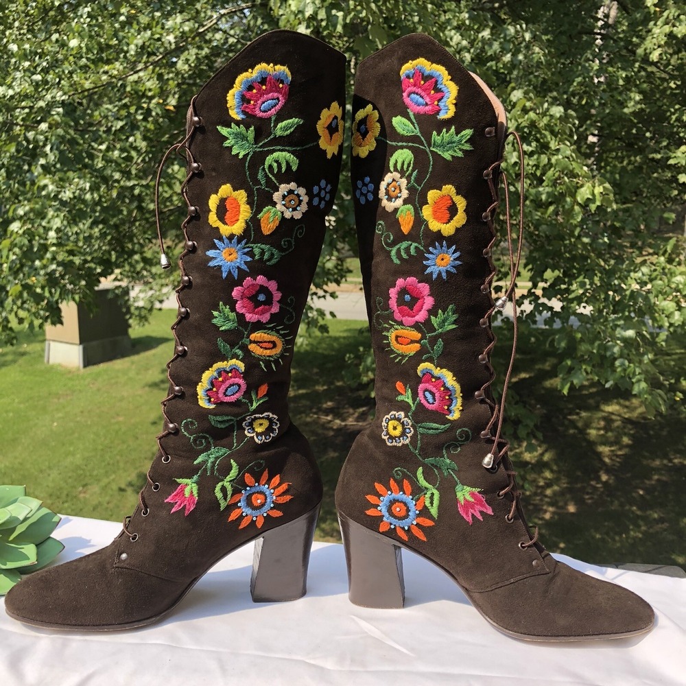 Vtg Jerry Edouard Brown Suede Embroidered Beaded 60'/70's Penny Lane GoGo Boots